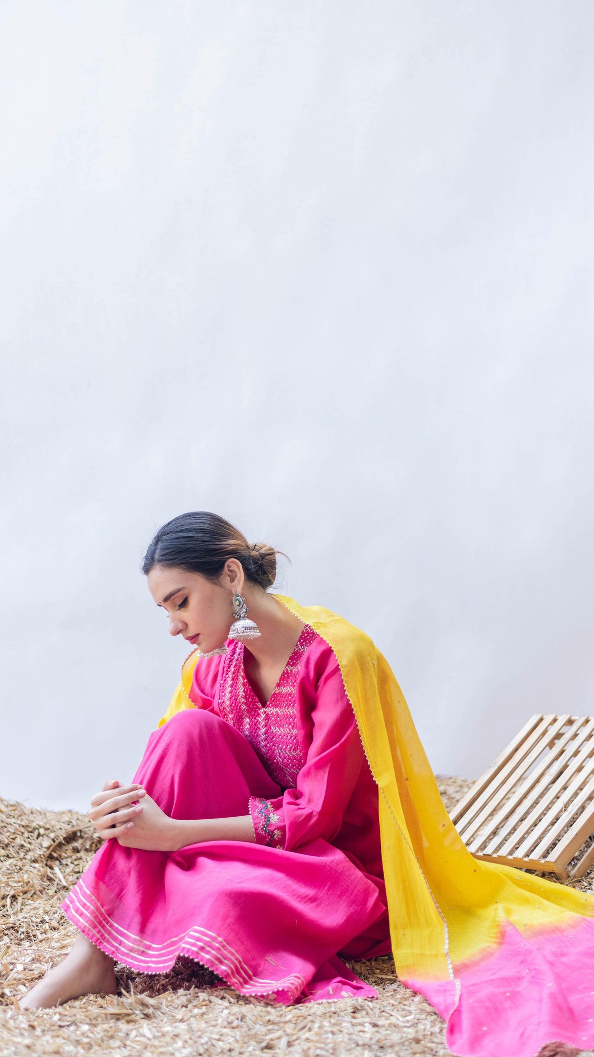 Aqsa Mul Chanderi A-line Kurta Set in Rani