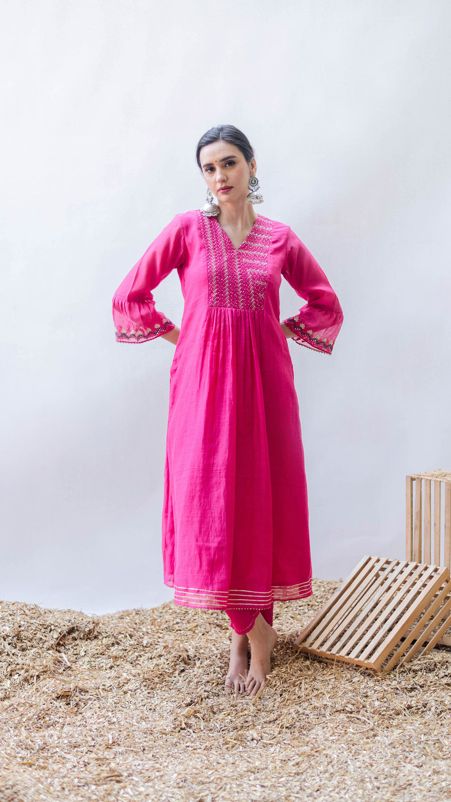 Aqsa Mul Chanderi A-line Kurta Set in Rani