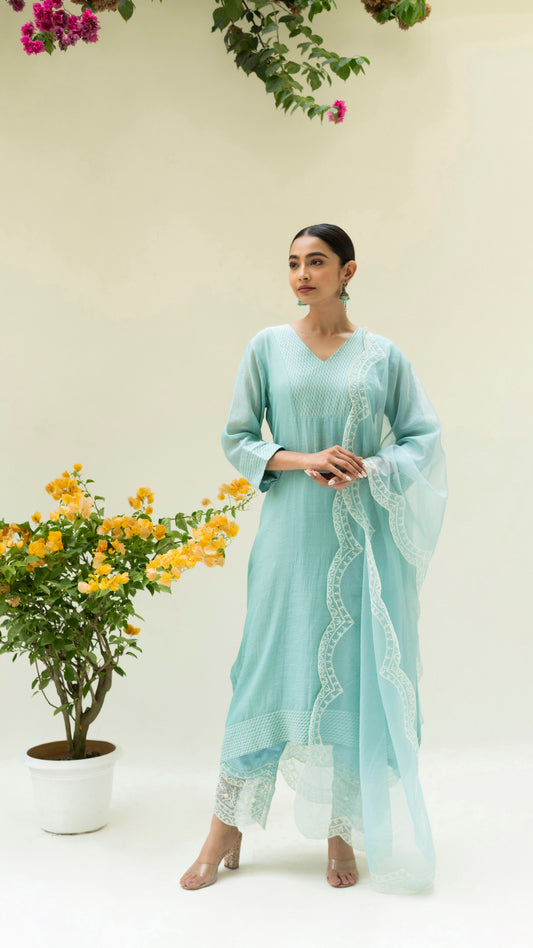 Seher Asymmetrical Kurta Set (Iceberg Blue)