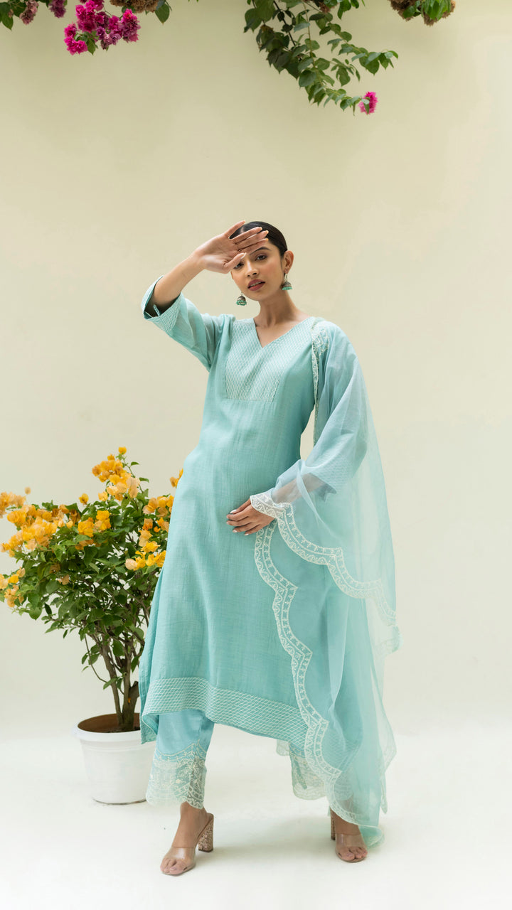 Seher Asymmetrical Kurta Set (Iceberg Blue)