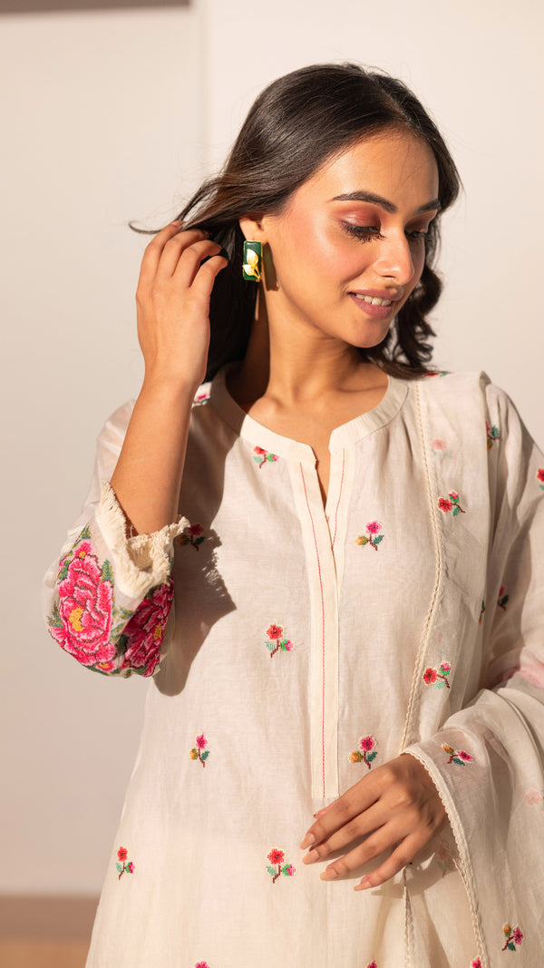 Zia Cross-Stitch Kurta Set (Off-White)