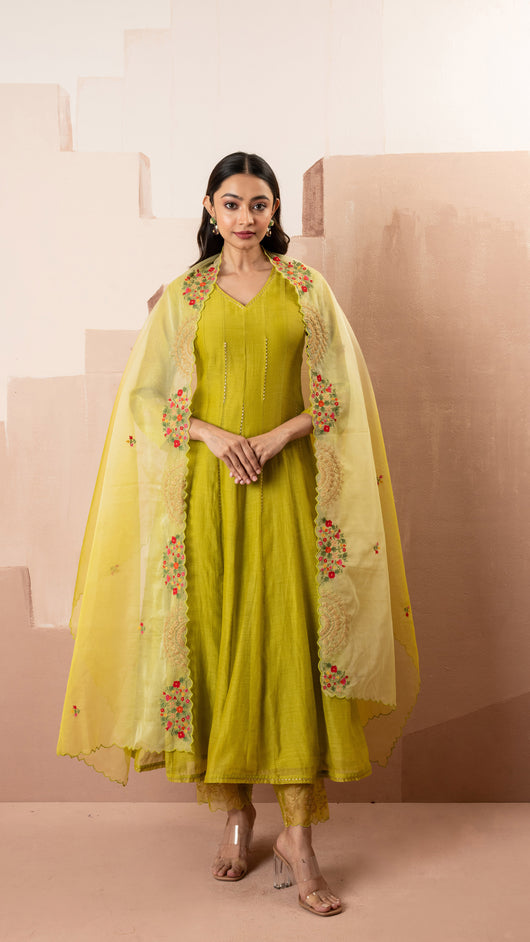 Ruhani Anarkali Set (Yellow Green)