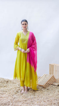 Aqsa Mul Chanderi A-line Kurta Set in Angoori