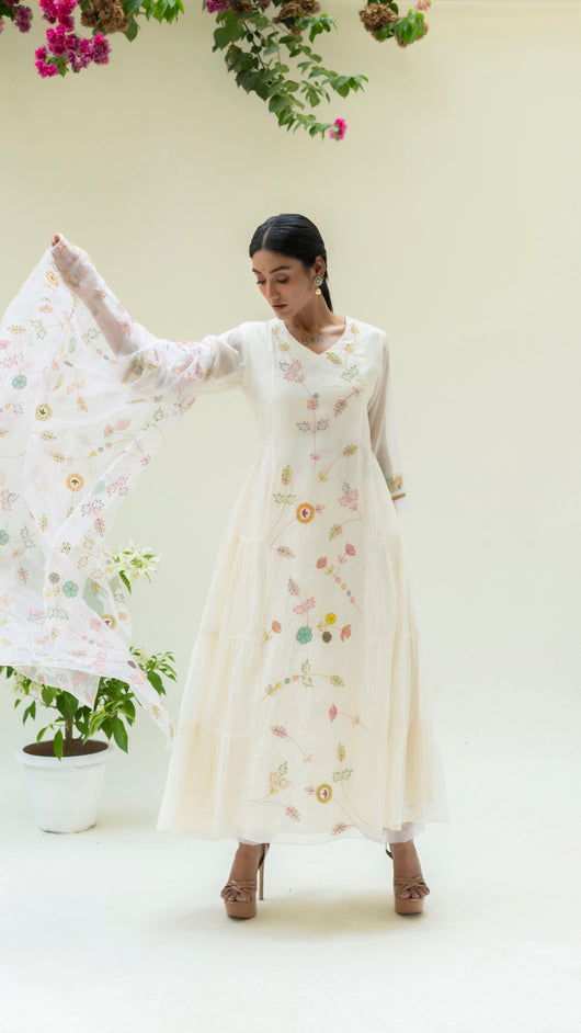 Soch Side-gather Anarkali Set (Pearl White)