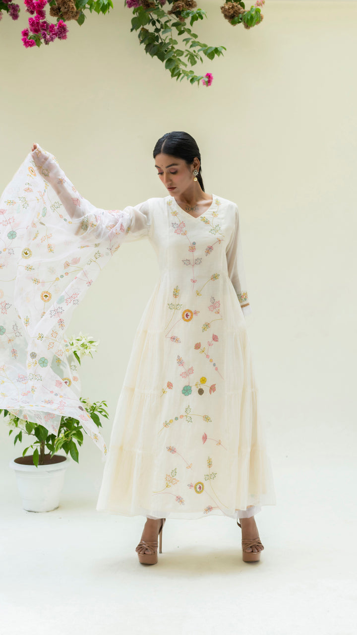 Soch Side-gather Anarkali Set (Pearl White)