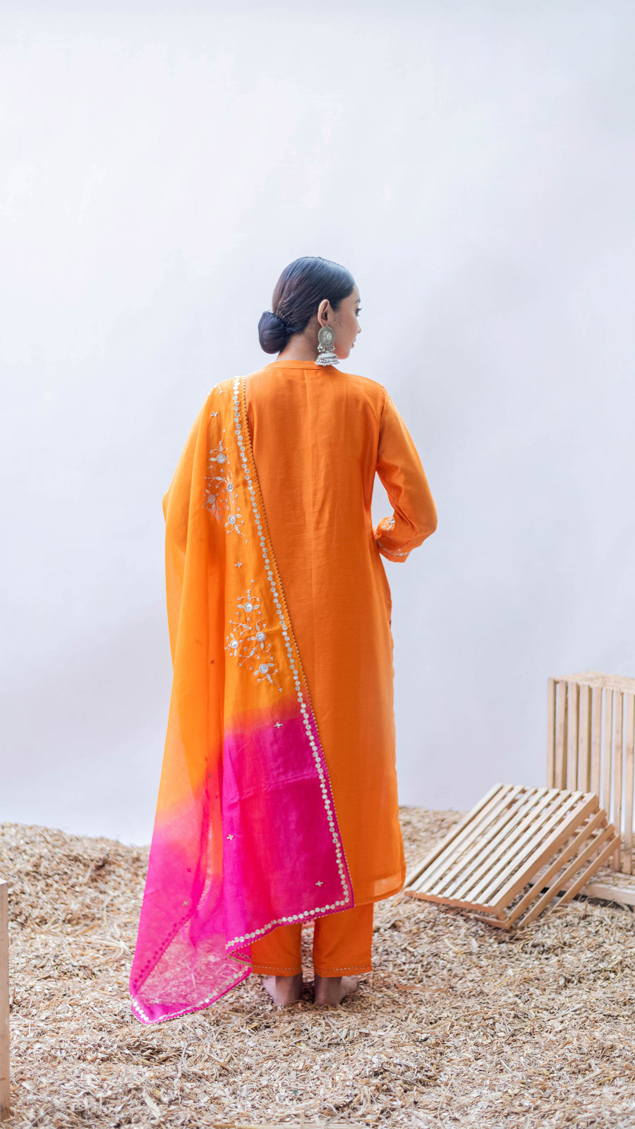 Gulmina Silk Chadneri Kurta Set in Narangi