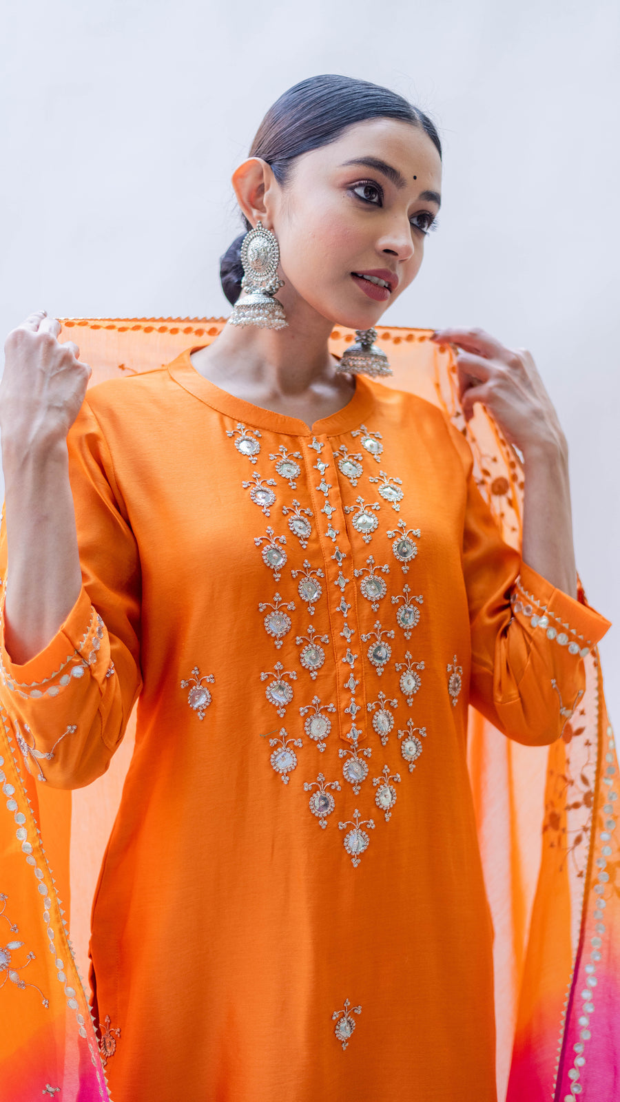 Gulmina Silk Chadneri Kurta Set in Narangi