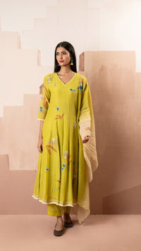 Frida Mul Chanderi Anarkali Set in Yellow Green