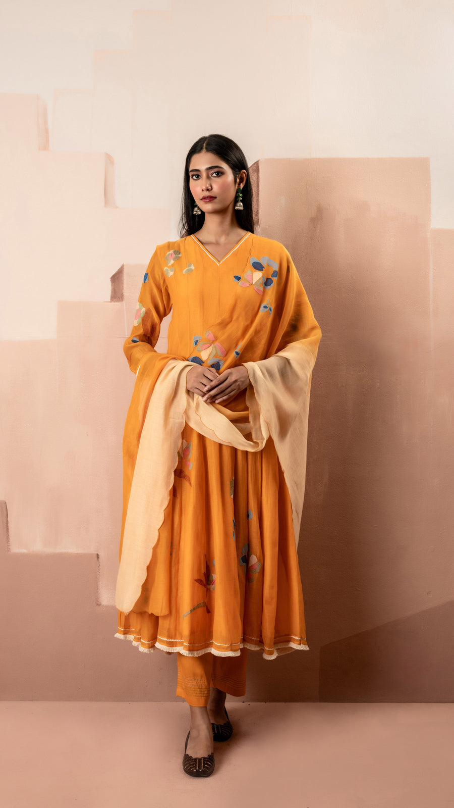 Frida Mul Chanderi Anarkali Set in Orange