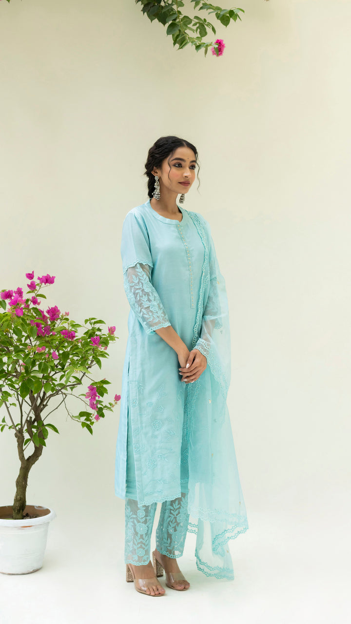 Reverse Applique Kurta Set (Turquoise Blue)