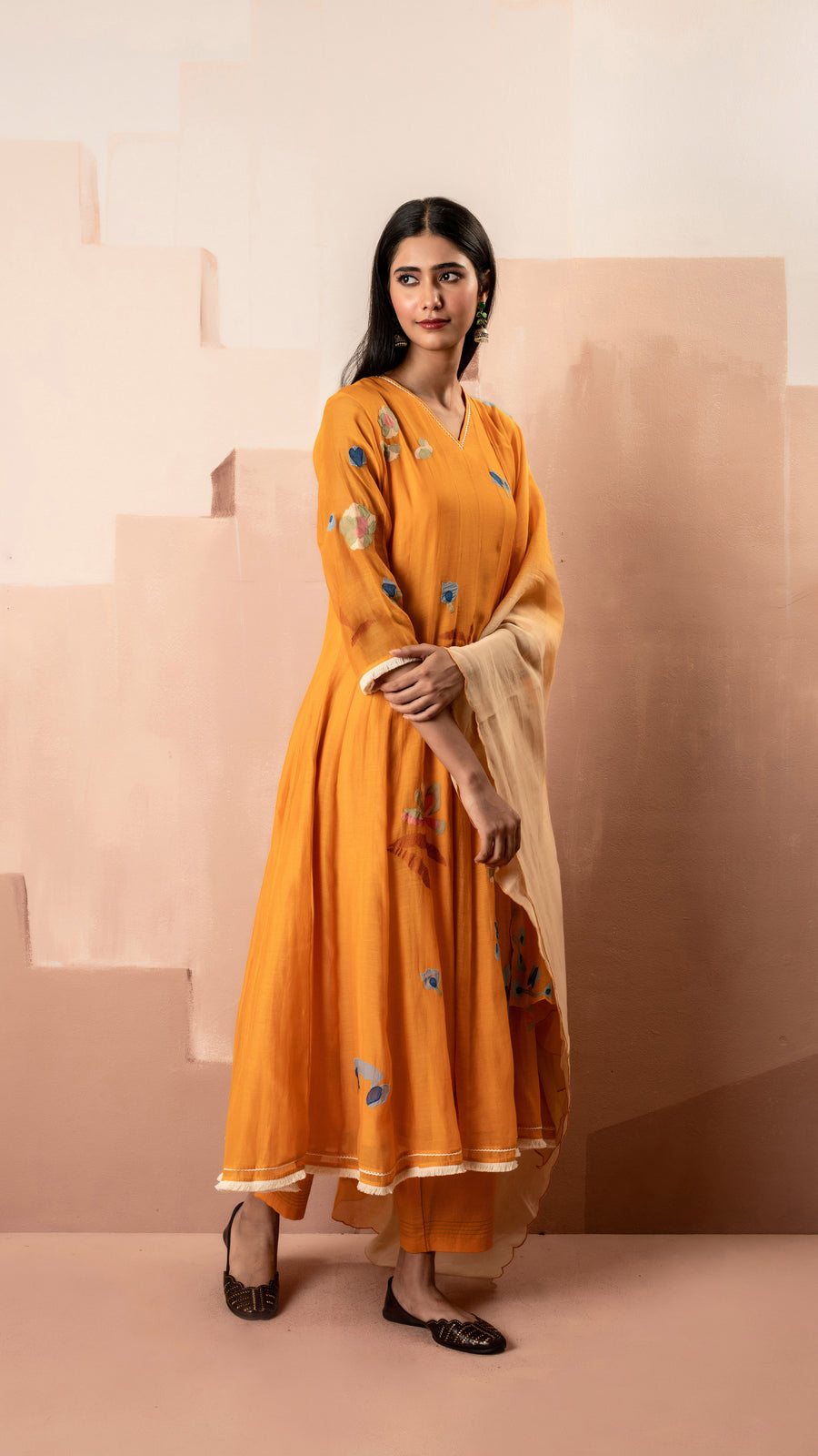 Frida Mul Chanderi Anarkali Set in Orange