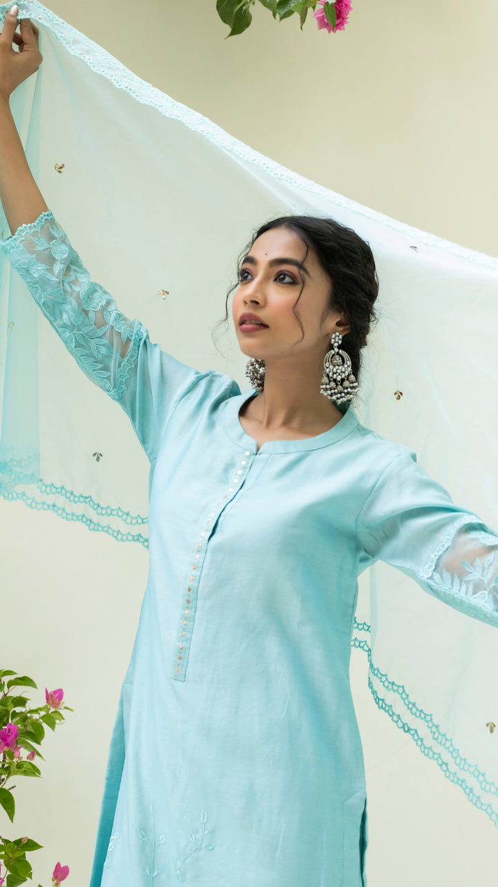 Reverse Applique Kurta Set (Turquoise Blue)