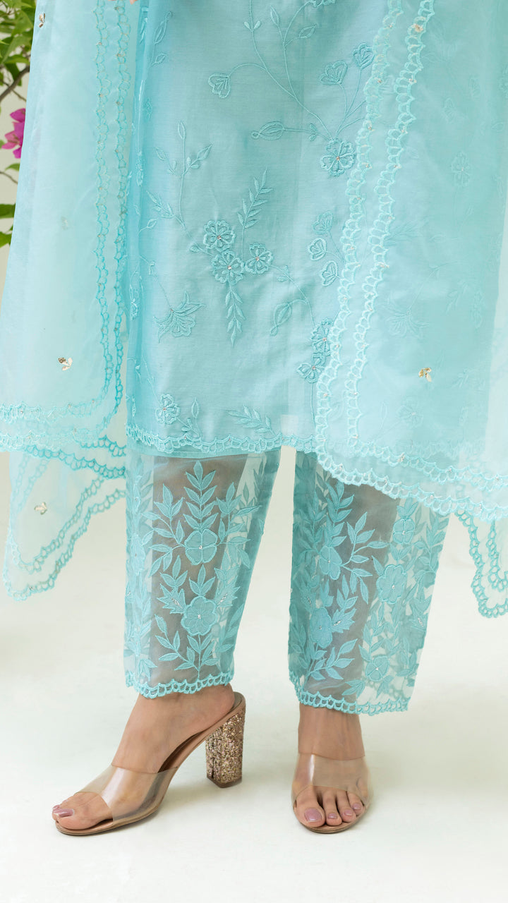 Reverse Applique Kurta Set (Turquoise Blue)