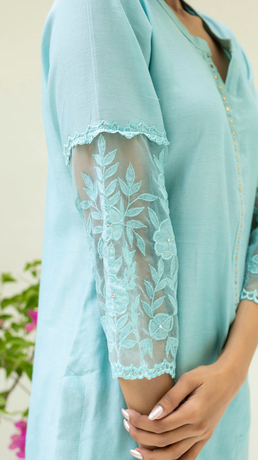 Reverse Applique Kurta Set (Turquoise Blue)