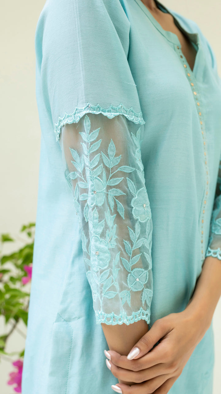 Reverse Applique Kurta Set (Turquoise Blue)