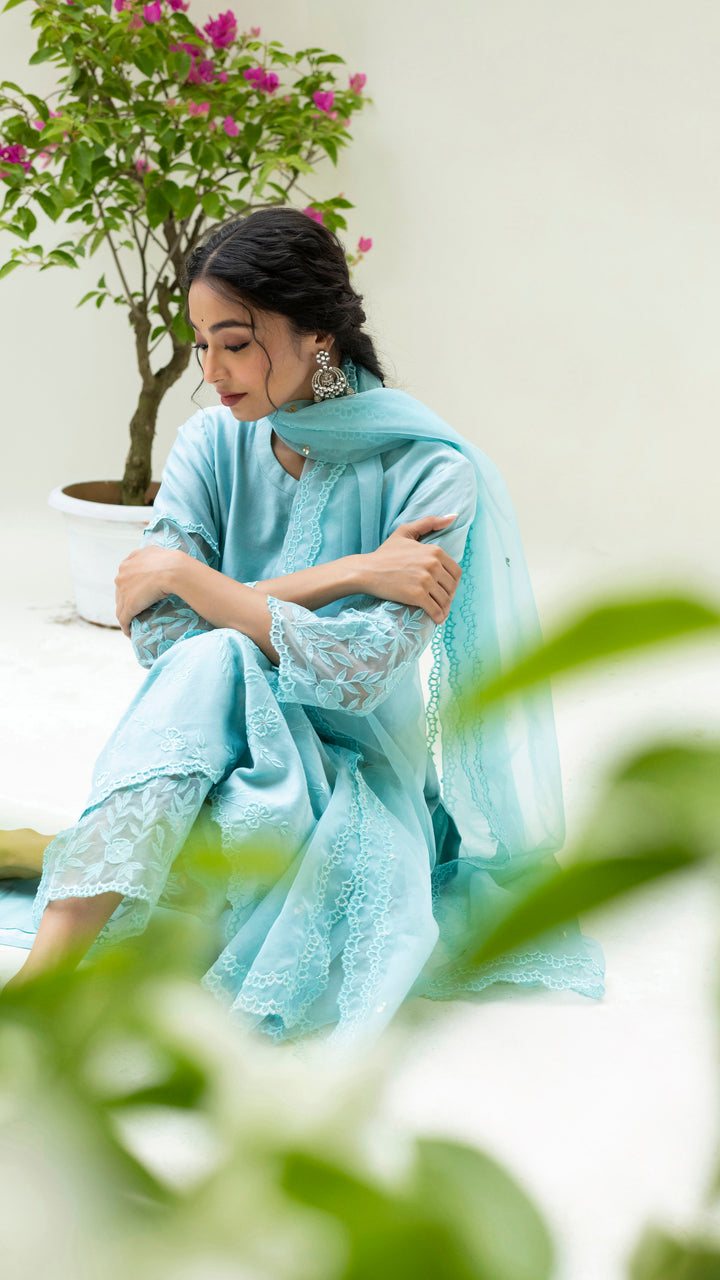Reverse Applique Kurta Set (Turquoise Blue)