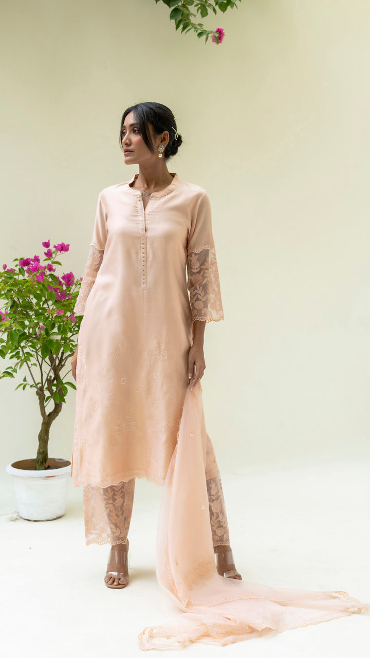 Reverse Applique Kurta Set (Nude)