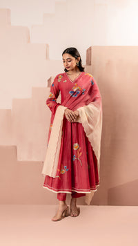Frida Mul Chanderi Anarkali Set in Berry Red