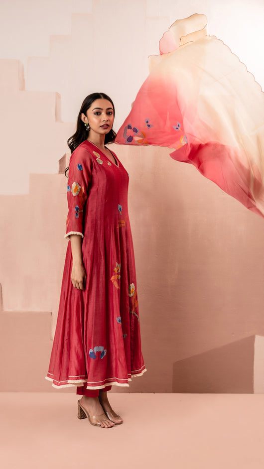 Frida Anarkali Set (Berry Red)
