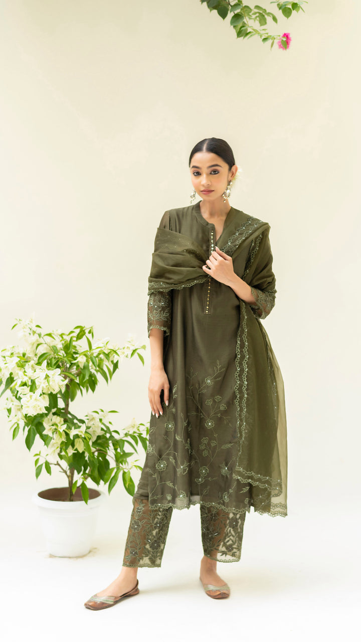 Reverse Applique Kurta Set (Cai Green)