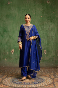 Saanjh Silk Chanderi Aline Kurta Set in Morpankhi