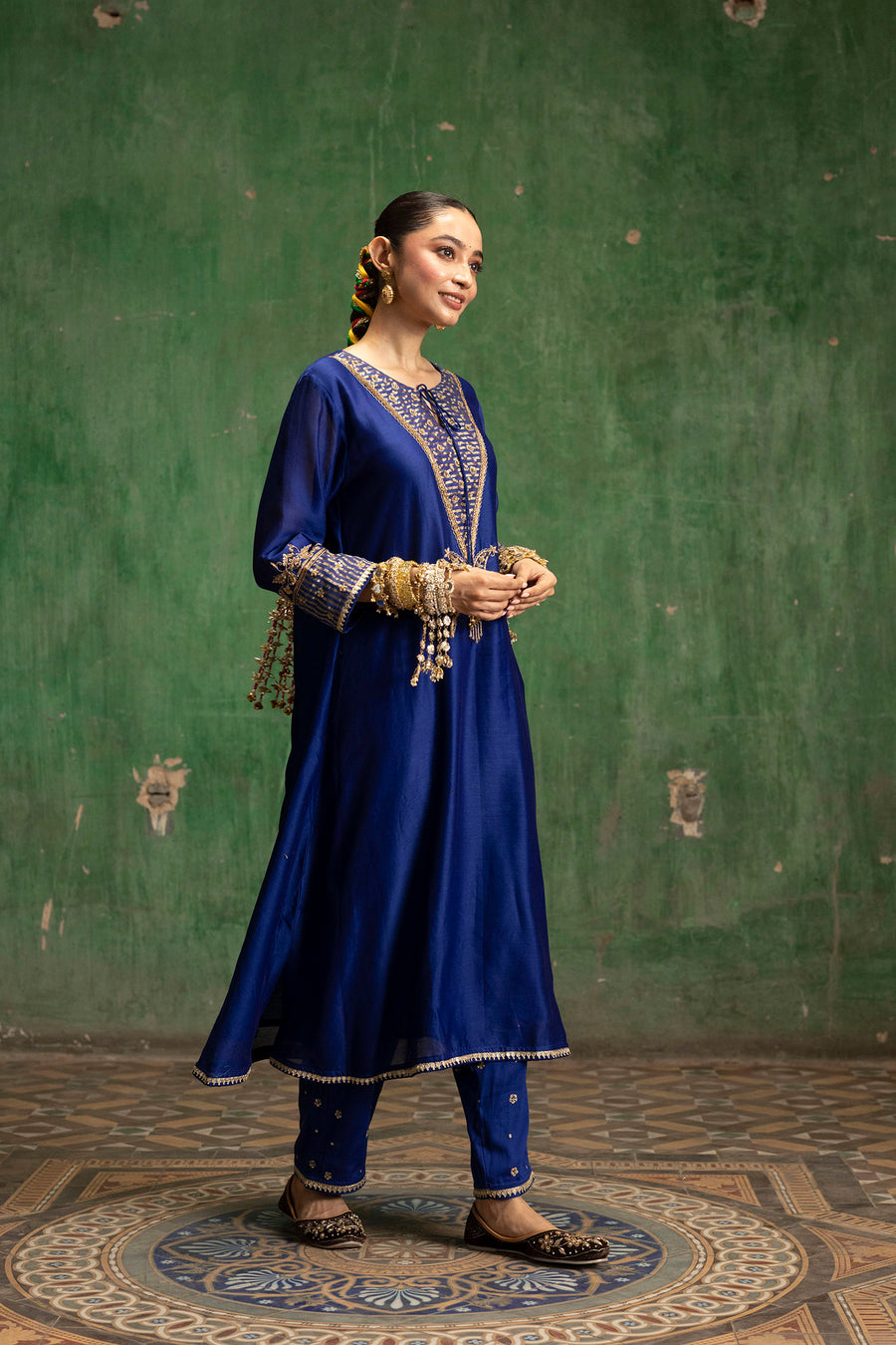 Saanjh Silk Chanderi Aline Kurta Set in Morpankhi