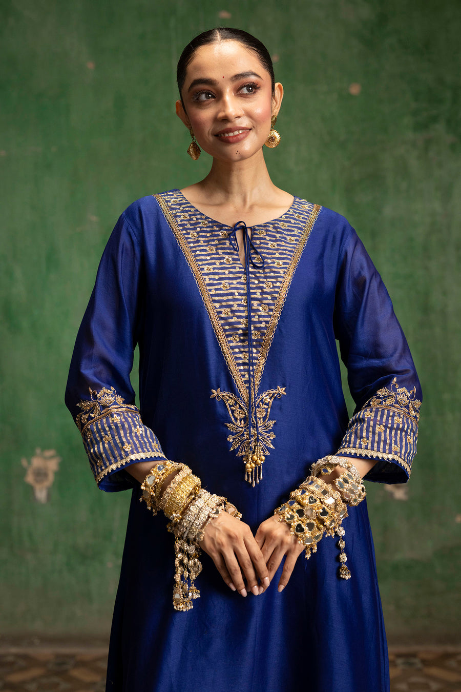 Saanjh Silk Chanderi Aline Kurta Set in Morpankhi