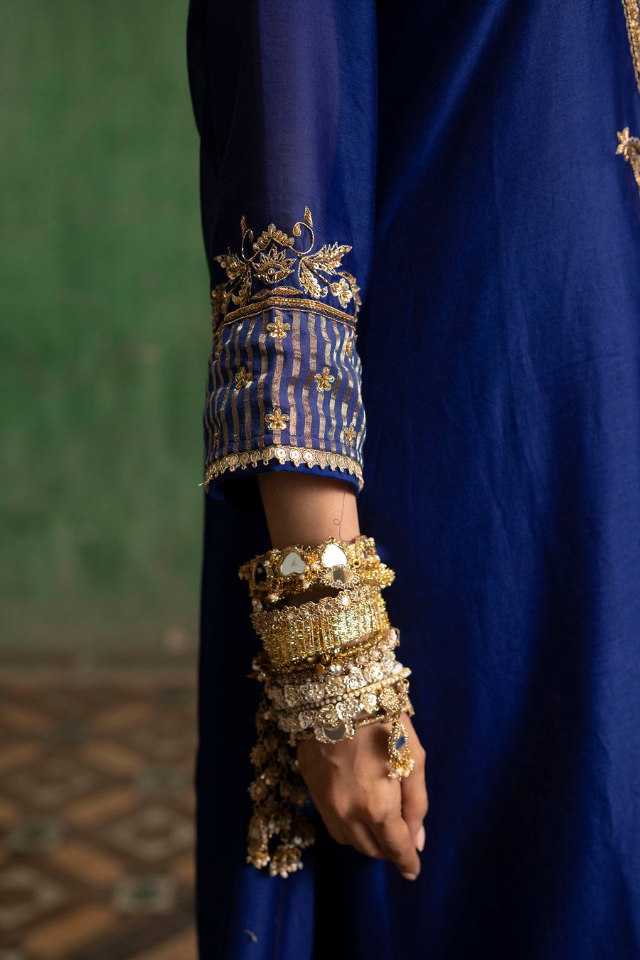 Saanjh Silk Chanderi Aline Kurta Set in Morpankhi