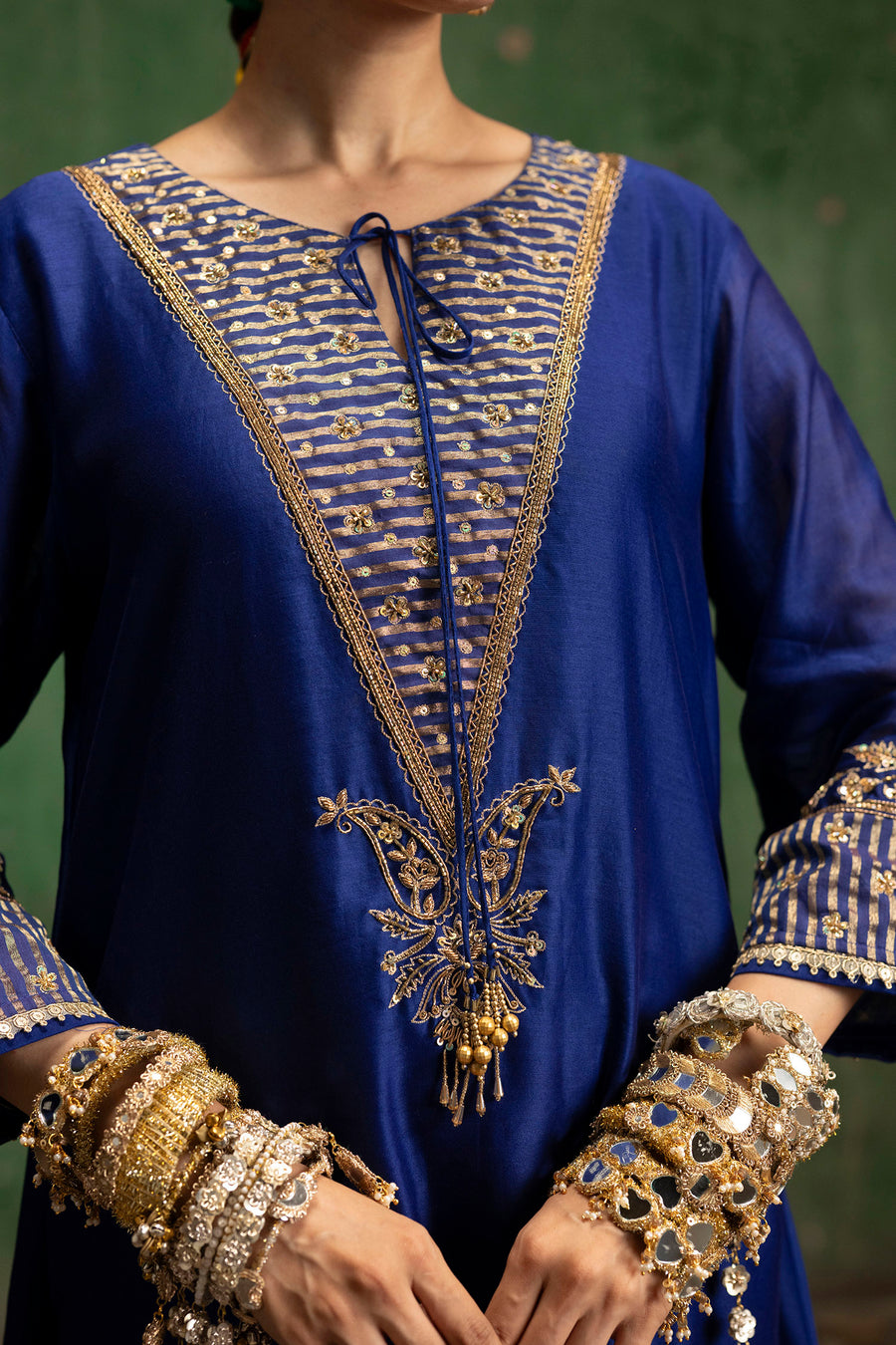 Saanjh Silk Chanderi Aline Kurta Set in Morpankhi