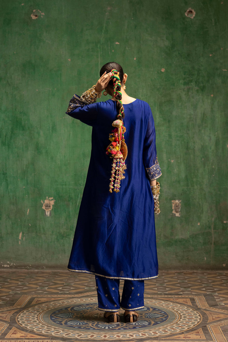 Saanjh Silk Chanderi Aline Kurta Set in Morpankhi