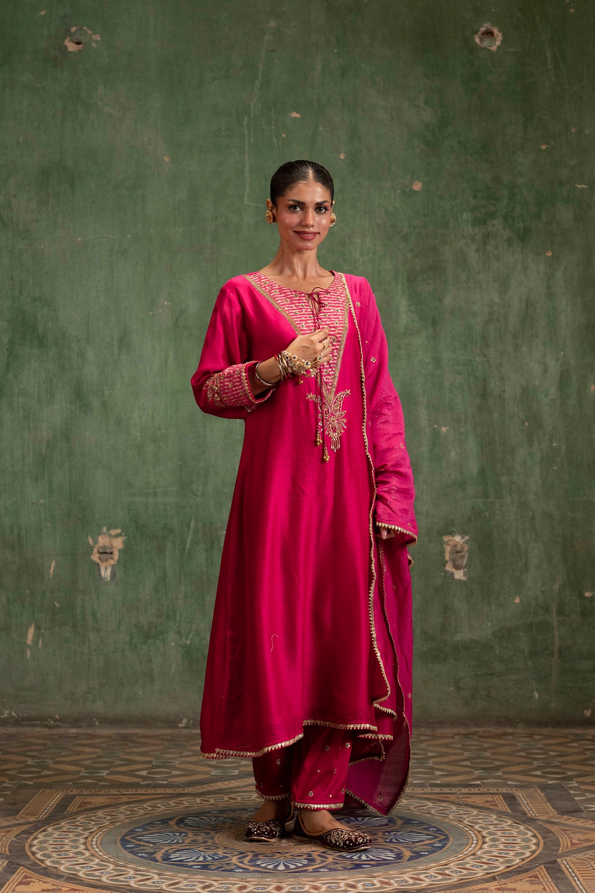 Saanjh Silk Chanderi Aline Kurta Set in Rani