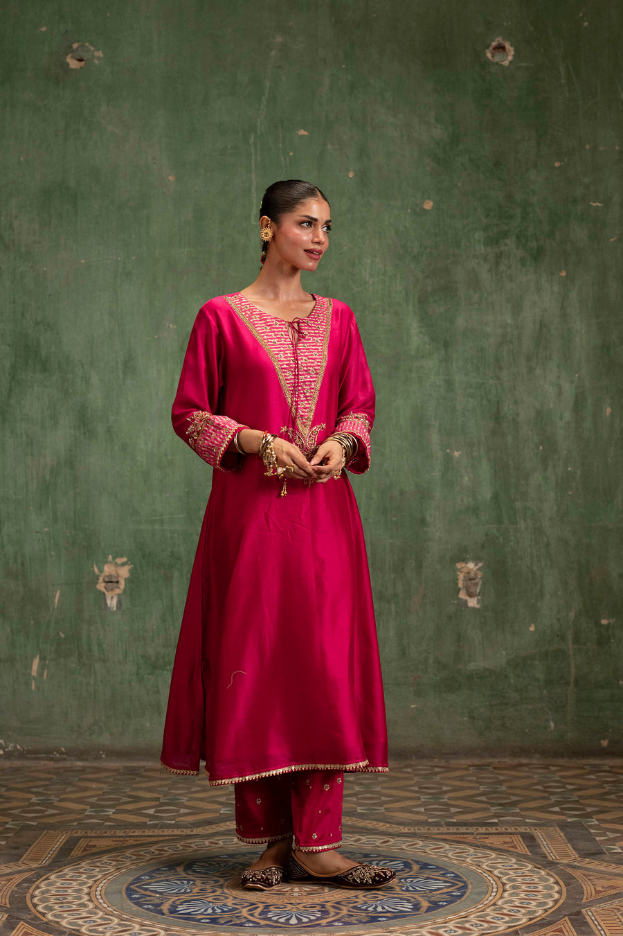 Saanjh Silk Chanderi Aline Kurta Set in Rani