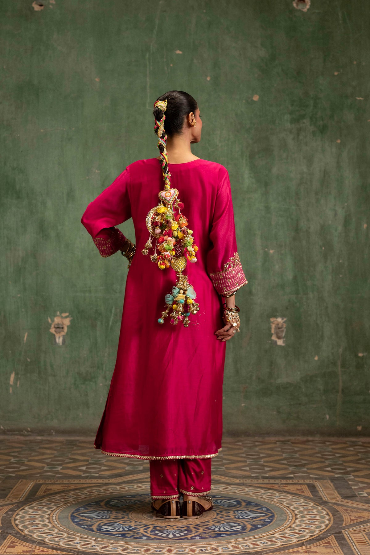 Saanjh Silk Chanderi Aline Kurta Set in Rani