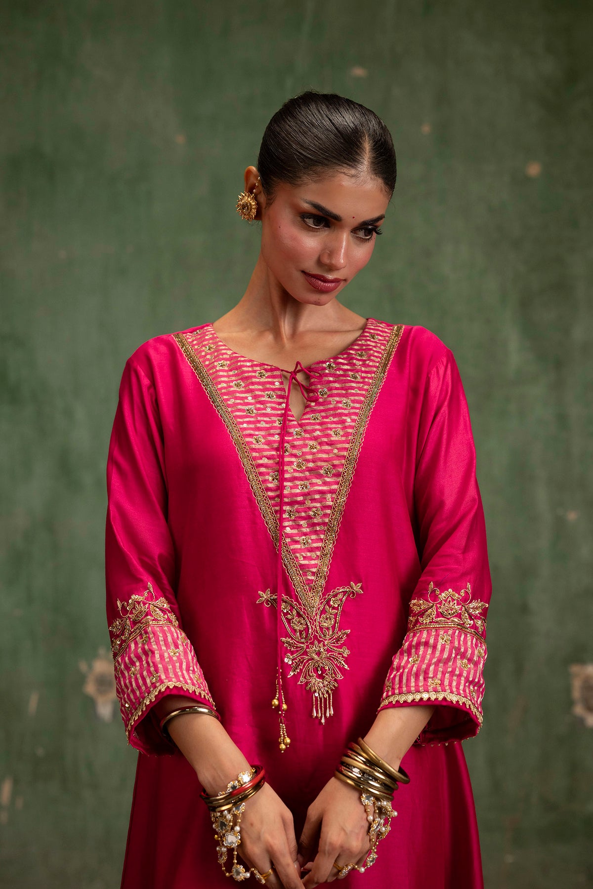 Saanjh Silk Chanderi Aline Kurta Set in Rani