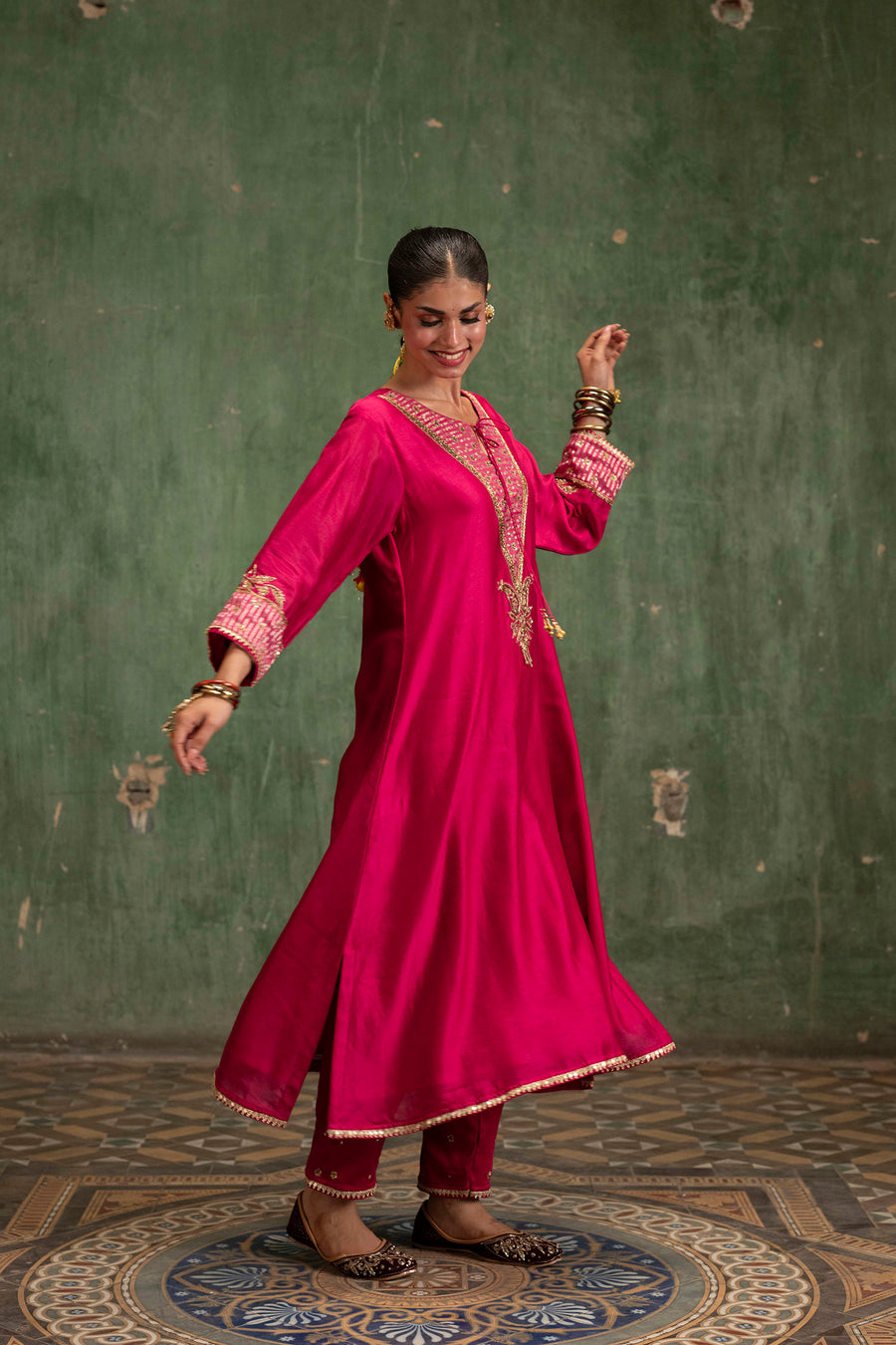 Saanjh Silk Chanderi Aline Kurta Set in Rani