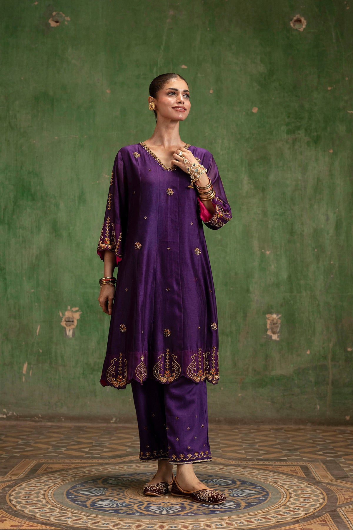 Piroi Mul Chanderi Anarkali Set in Jamuni