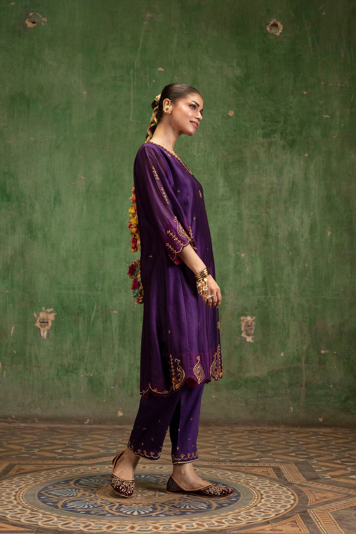 Piroi Mul Chanderi Anarkali Set in Jamuni