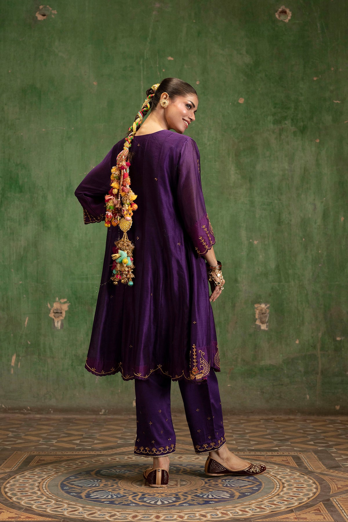 Piroi Mul Chanderi Anarkali Set in Jamuni