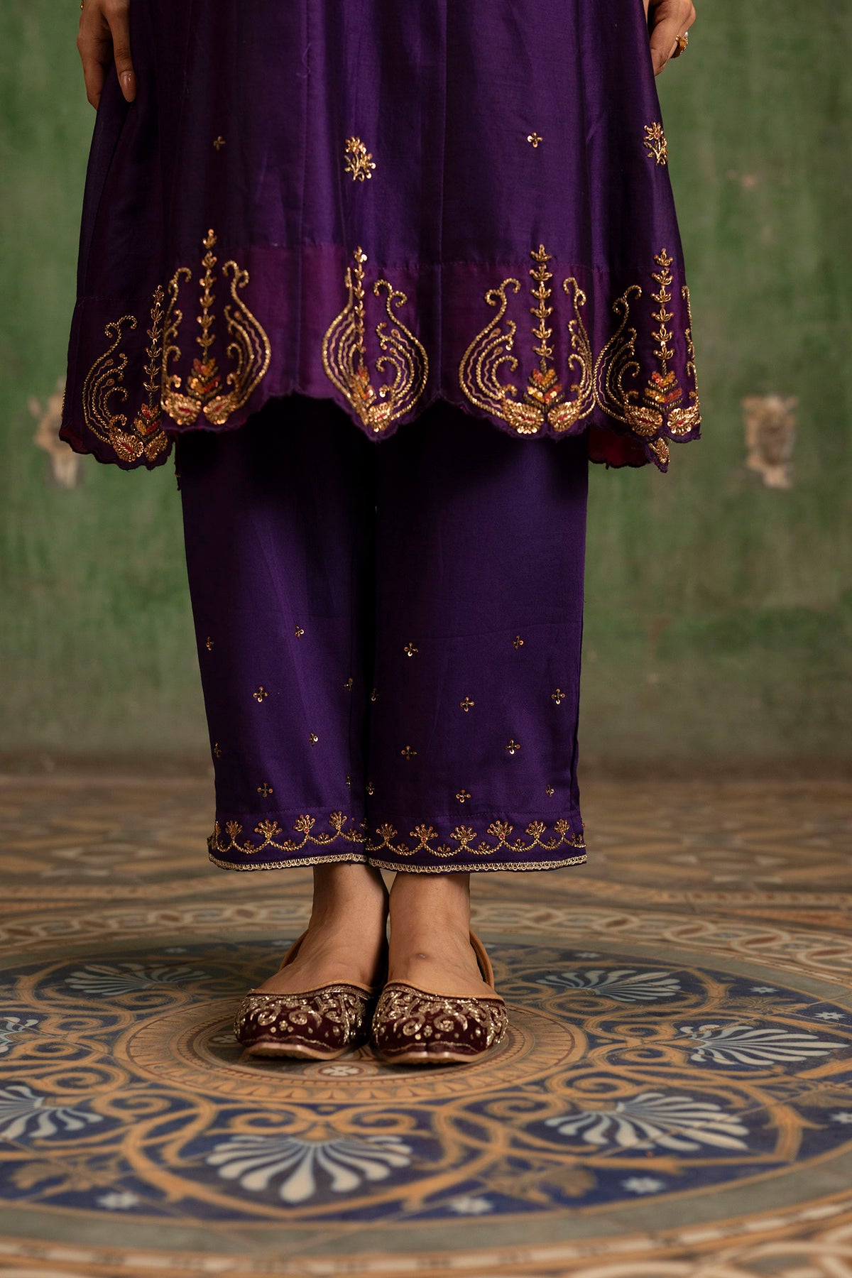 Piroi Mul Chanderi Anarkali Set in Jamuni