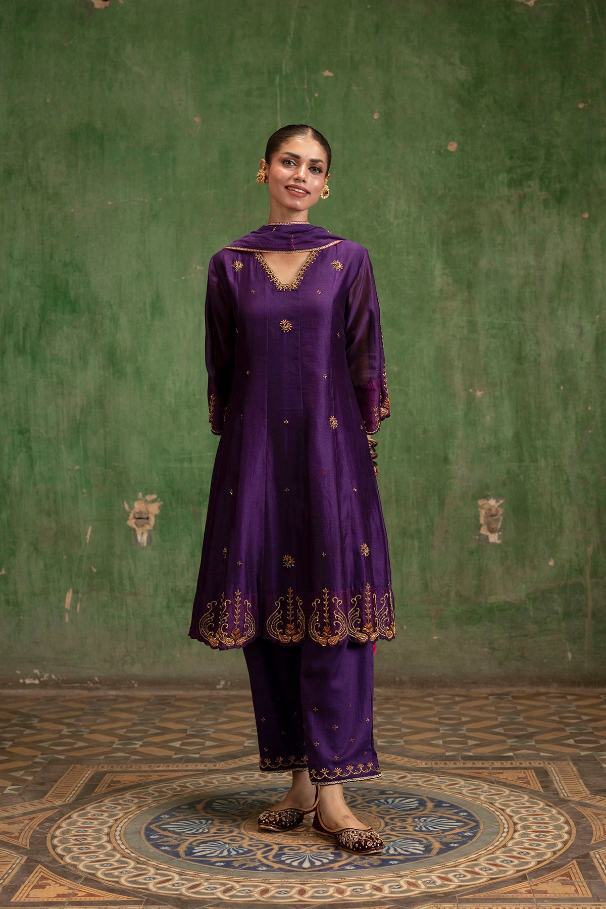 Piroi Mul Chanderi Anarkali Set in Jamuni