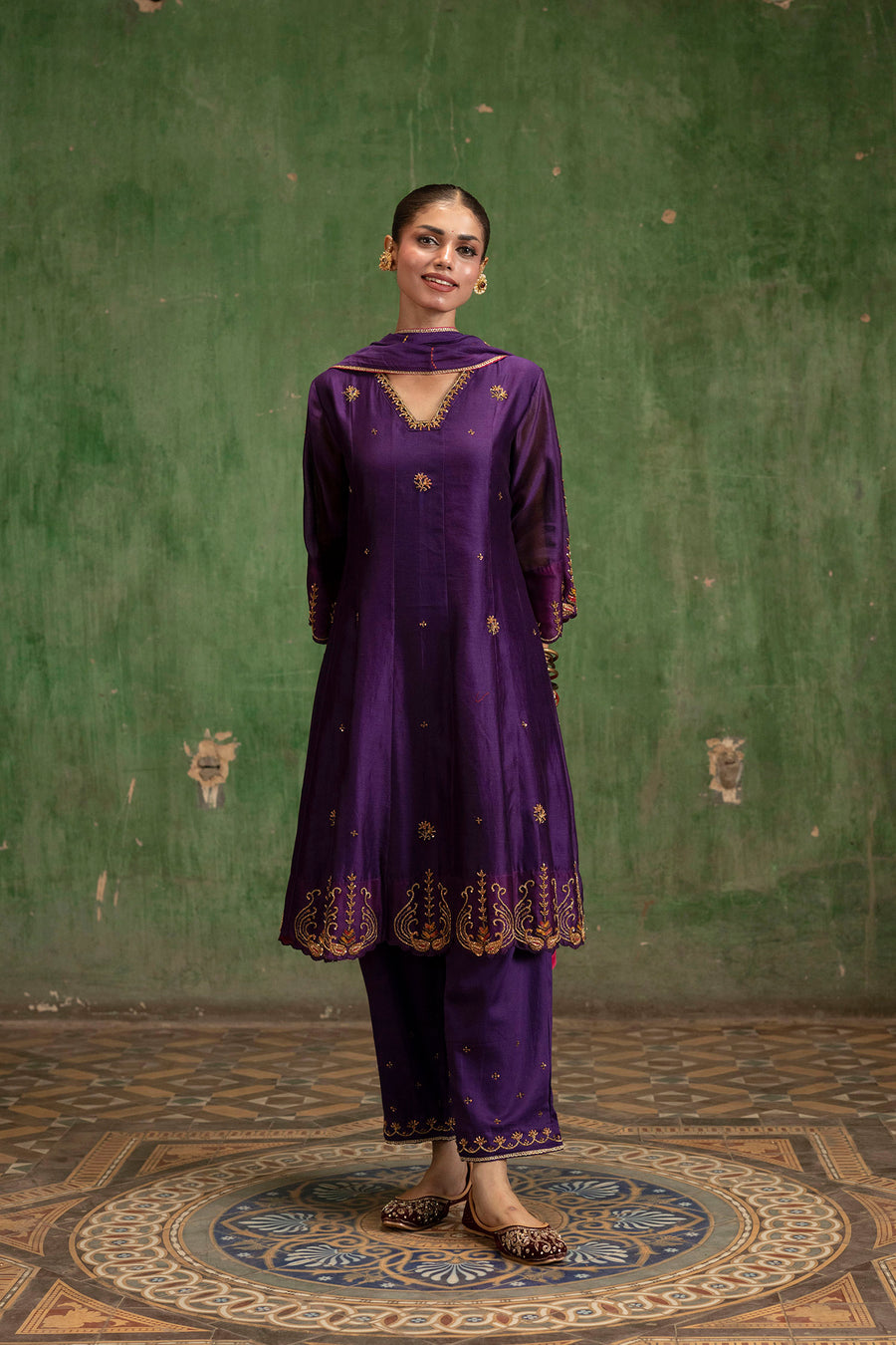Piroi Silk Chanderi Anarkali Set in Jamuni