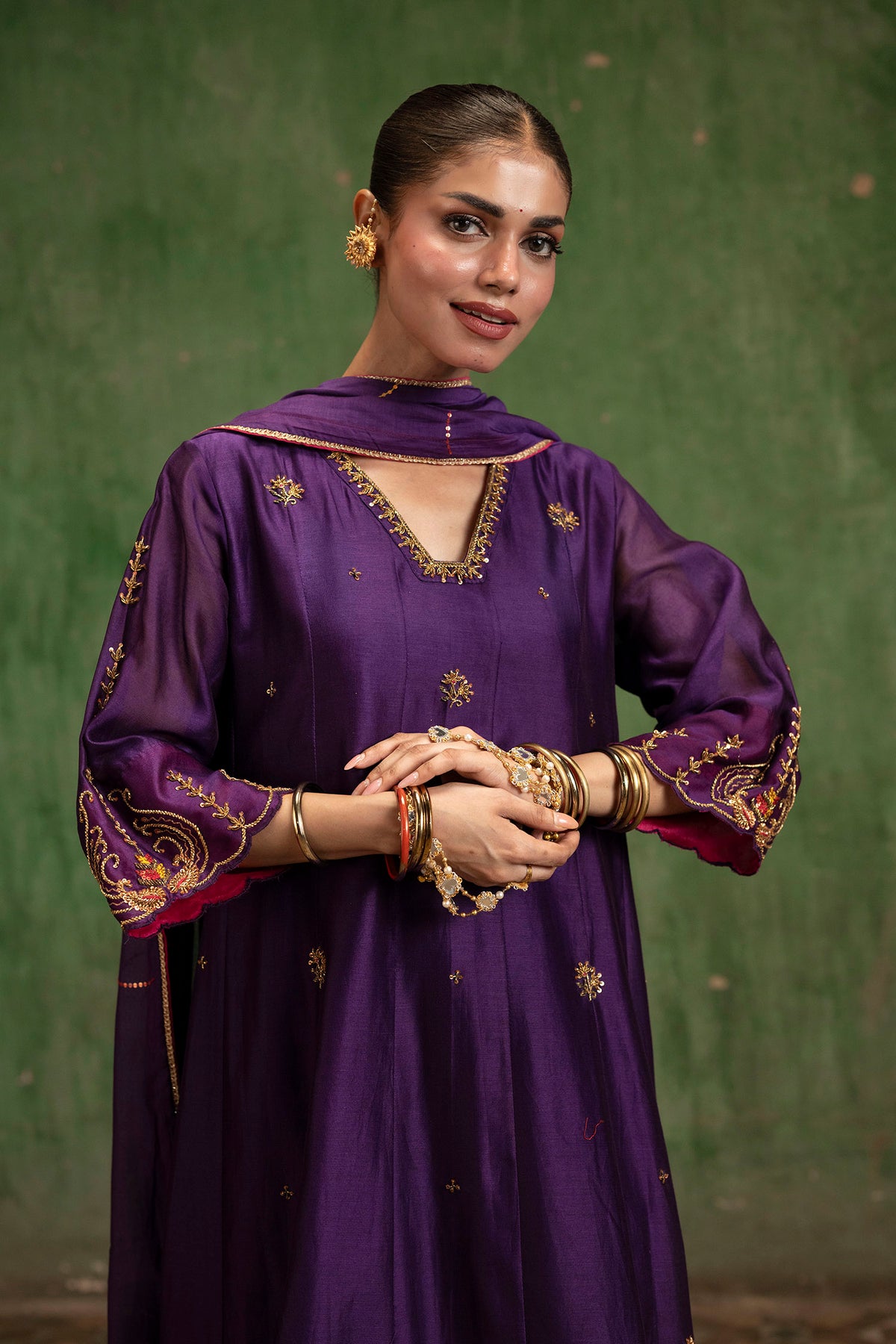 Piroi Mul Chanderi Anarkali Set in Jamuni