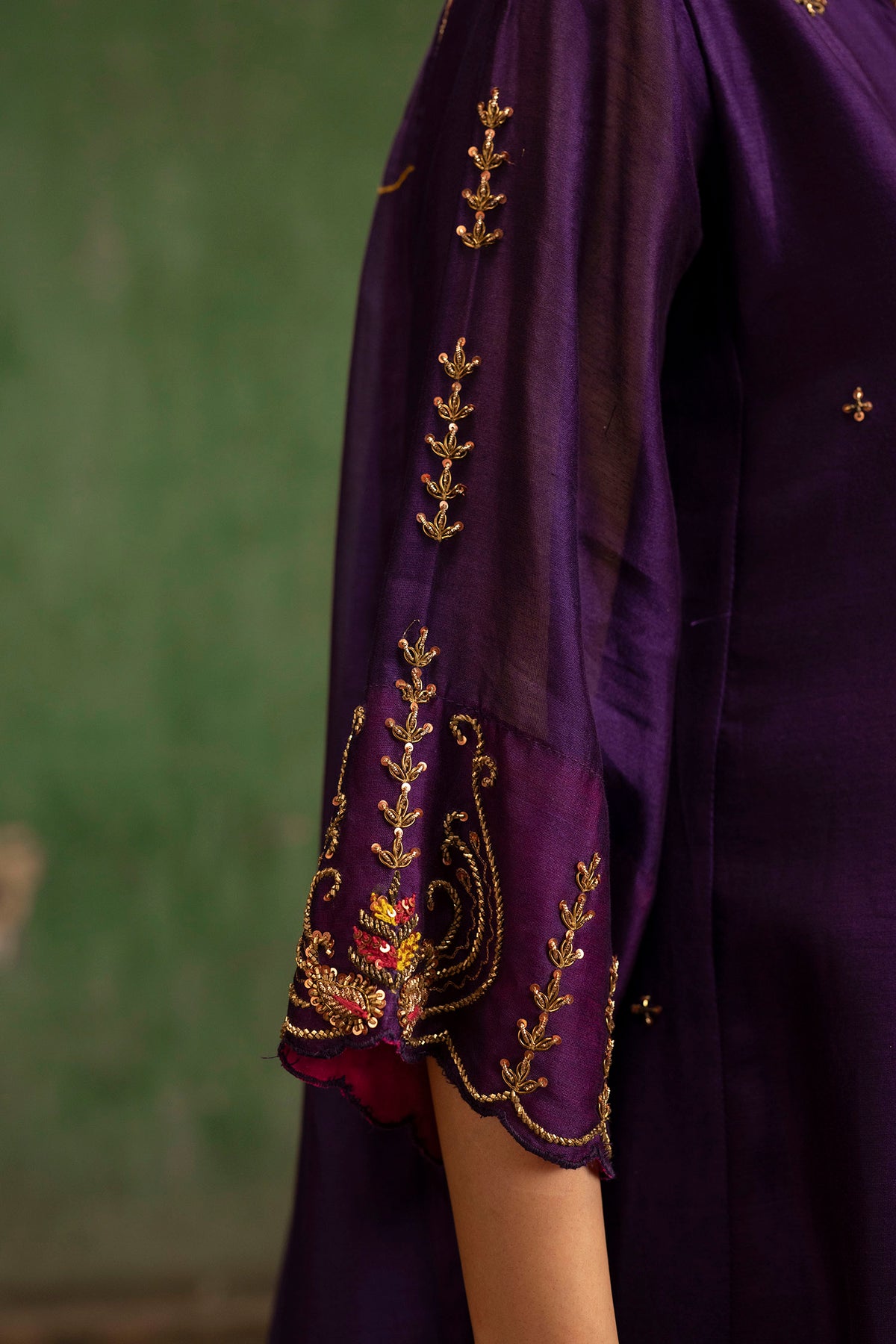 Piroi Mul Chanderi Anarkali Set in Jamuni