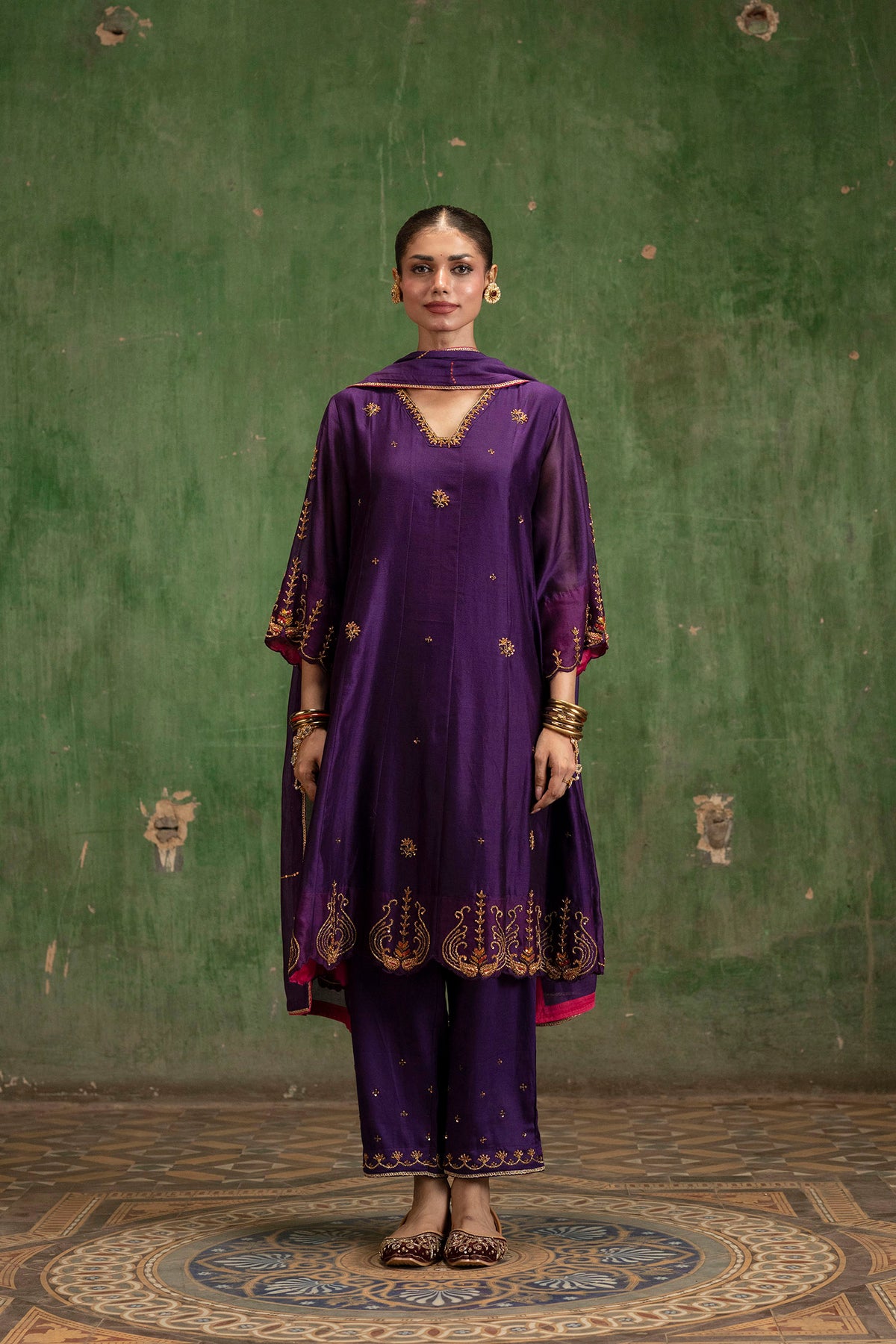 Piroi Mul Chanderi Anarkali Set in Jamuni