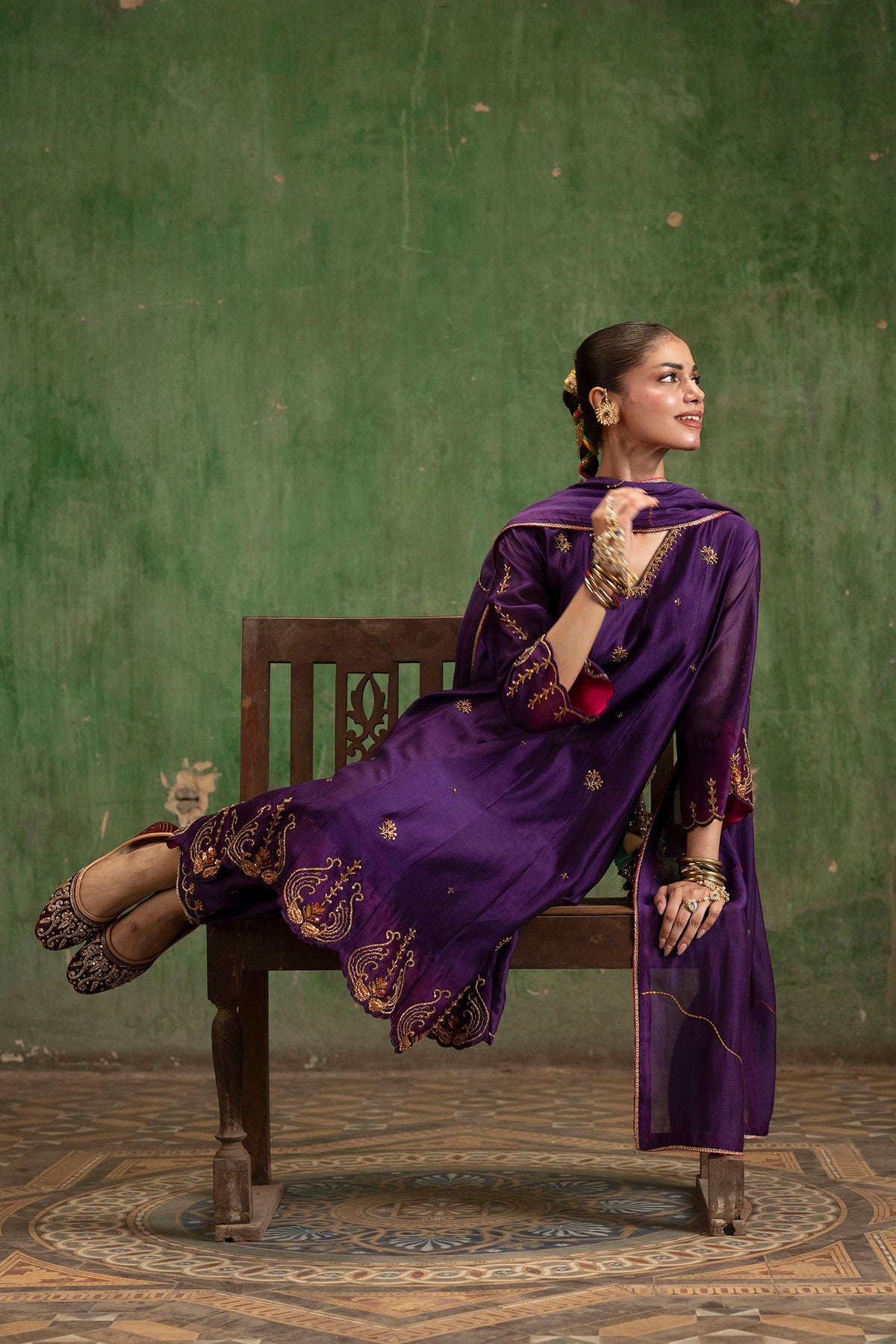 Piroi Mul Chanderi Anarkali Set in Jamuni