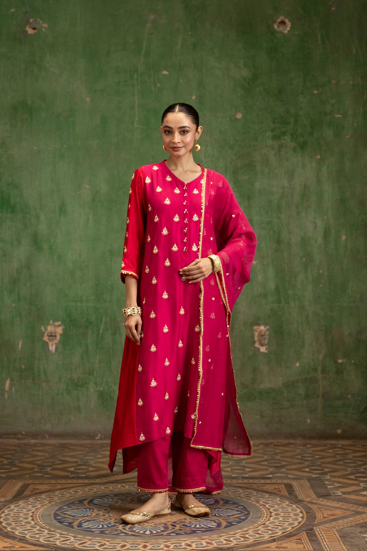Guldaasta Mul Chanderi Aline Kurta Set in Rani