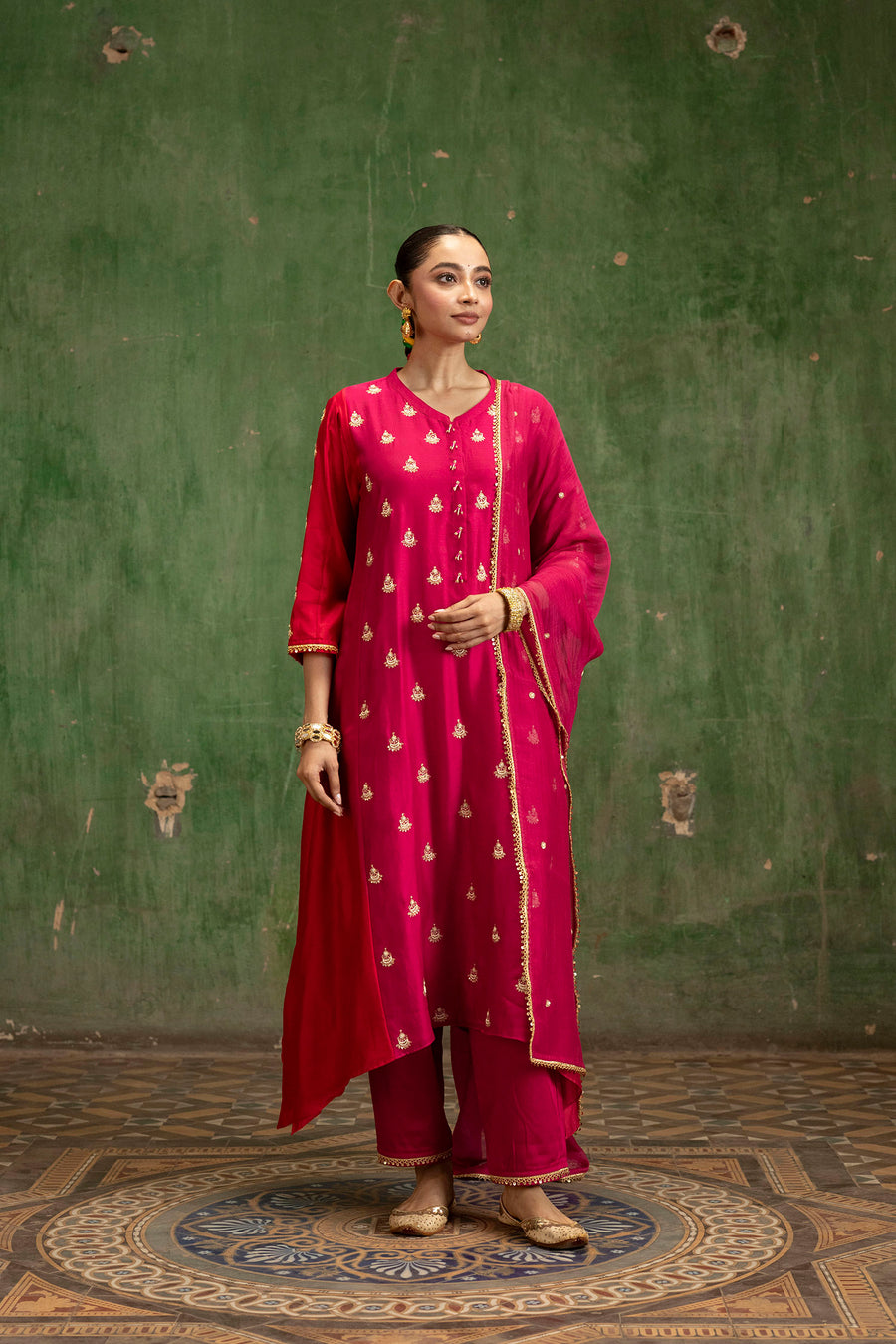 Guldaasta Mul Chanderi Aline Kurta Set in Rani