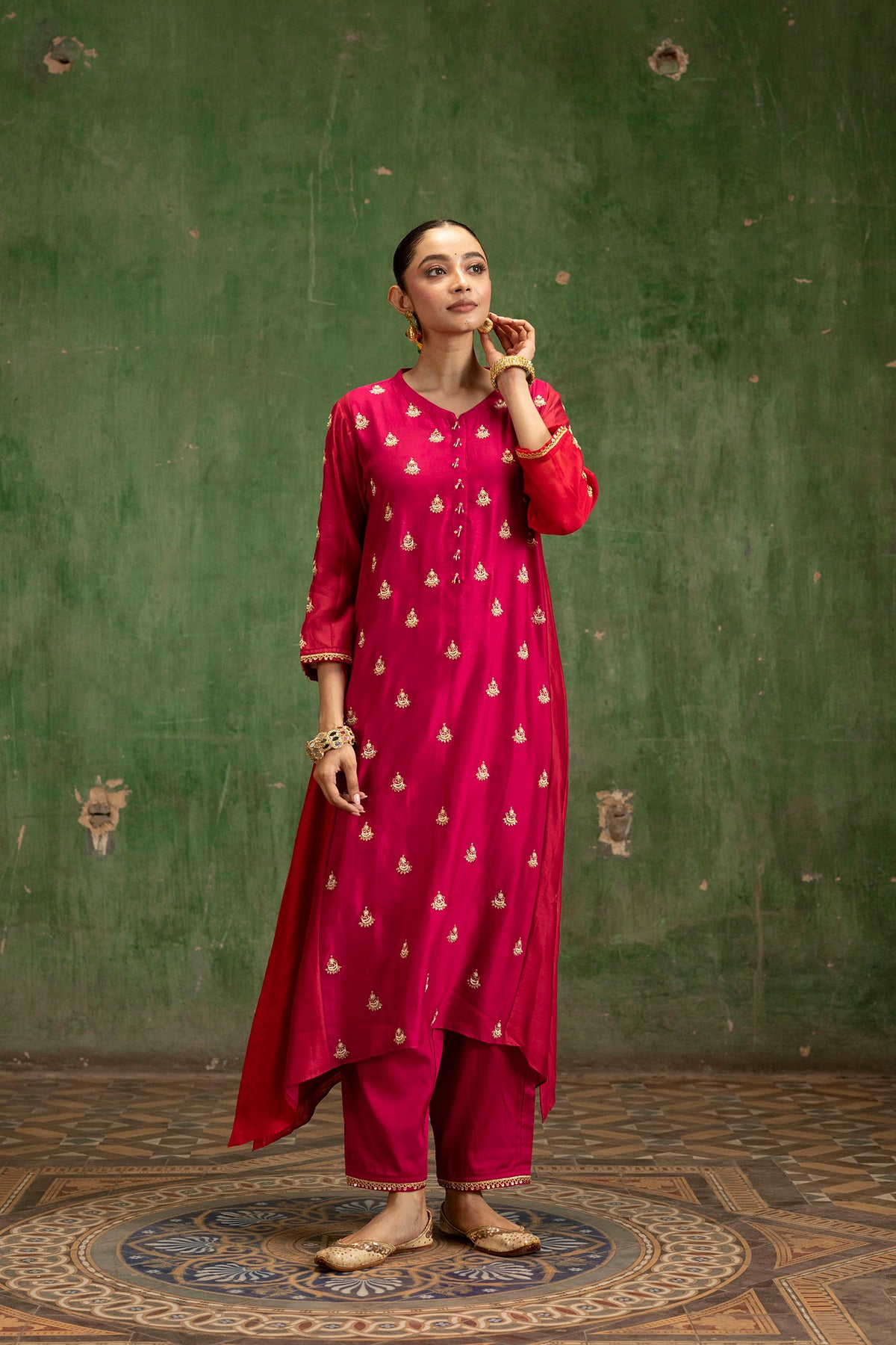 Guldaasta Mul Chanderi Aline Kurta Set in Rani
