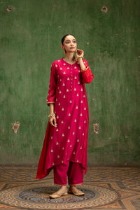 Guldaasta Mul Chanderi Aline Kurta Set in Rani