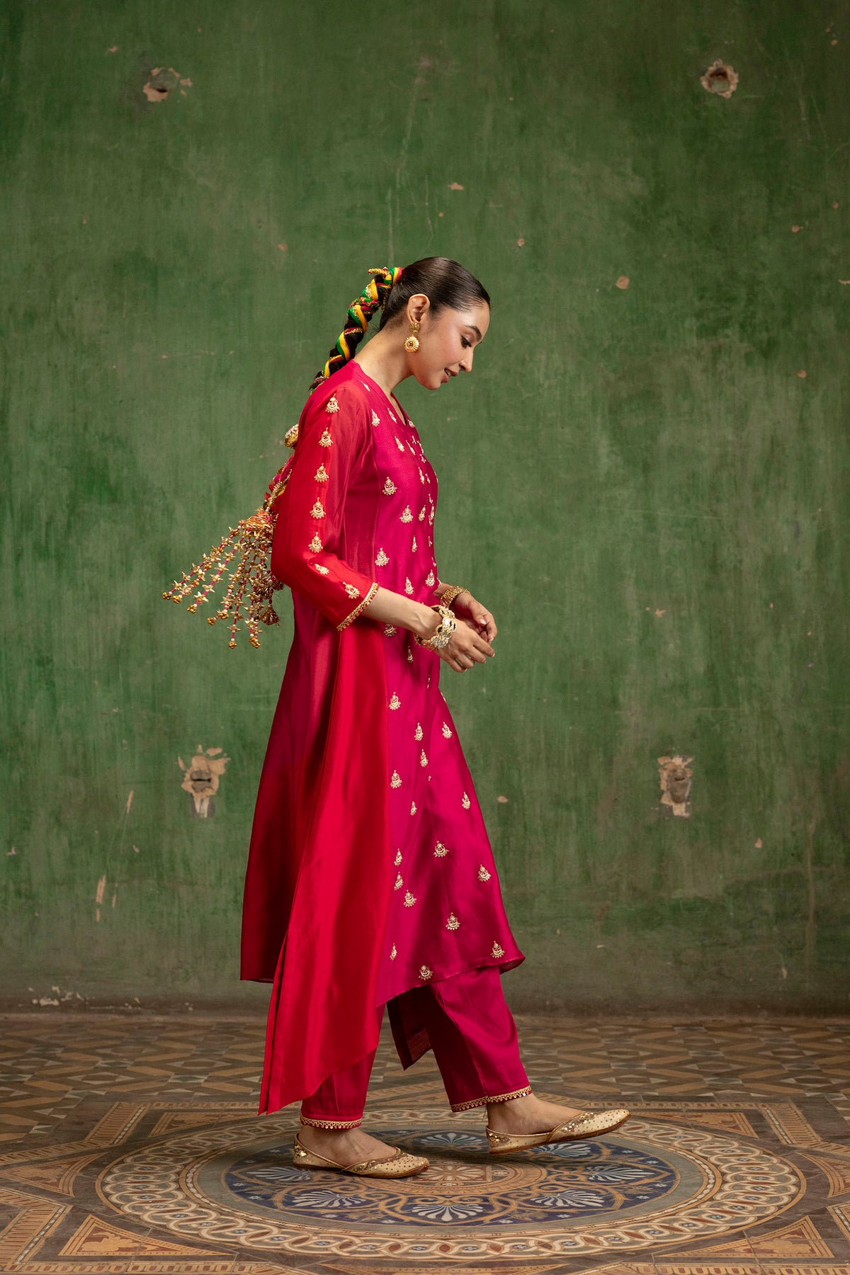 Guldaasta Mul Chanderi Aline Kurta Set in Rani